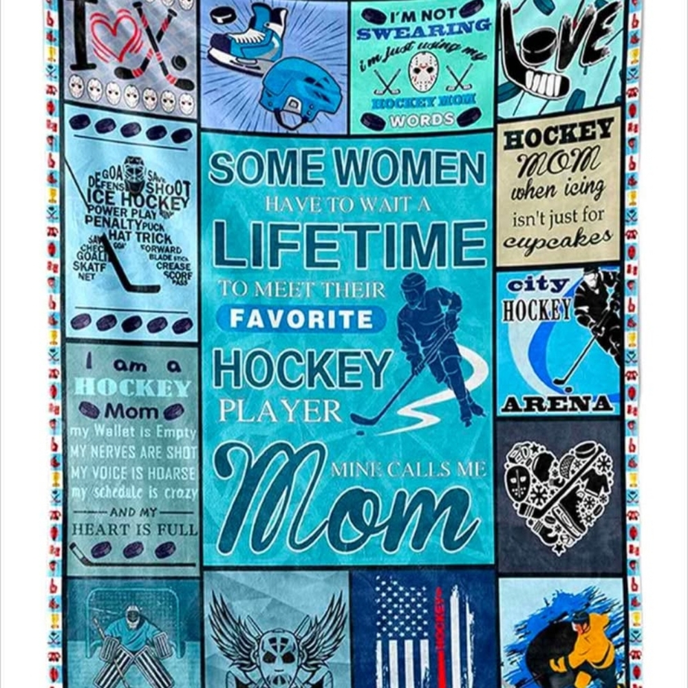 BNWT Blue Hockey Themed Plush Throw Blanket For Mom